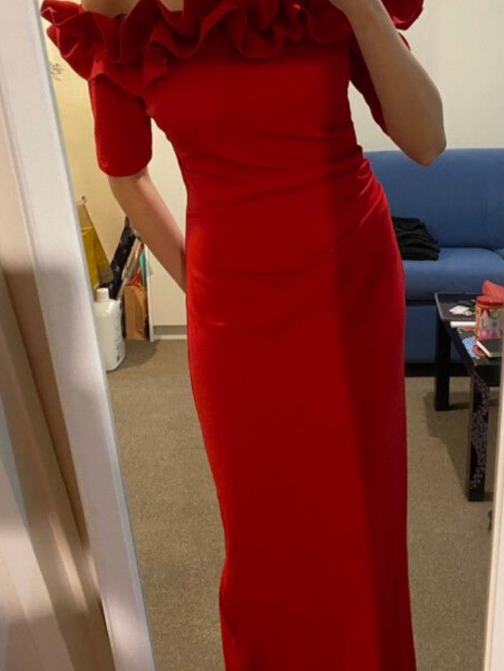 Xscape Red Ruffle Off-Shoulder Form Dress